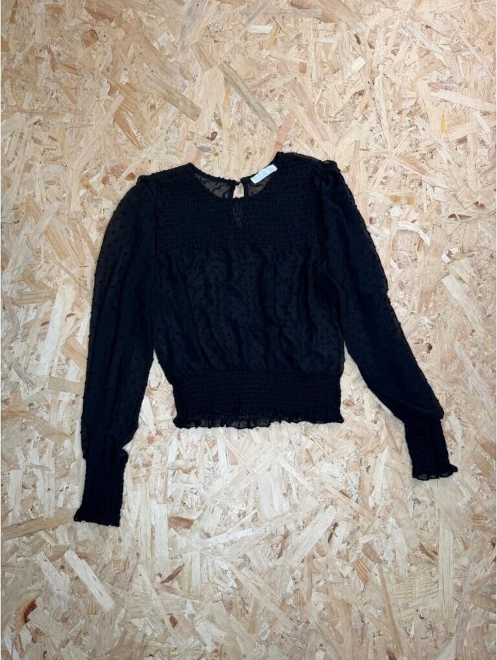 Revamped Womens Smocked Blouse Top Black Swiss Dot Long Sleeve Keyhole Back